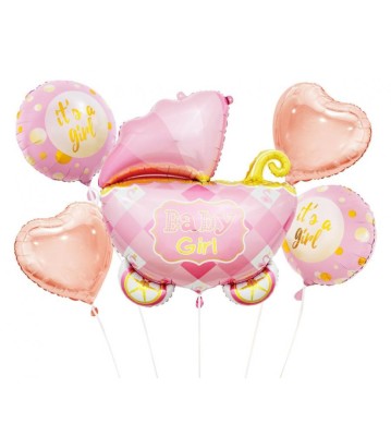 Set 5 baloane folie Baby Carriage pentru petrecerea baby shower, roz-auriu foto