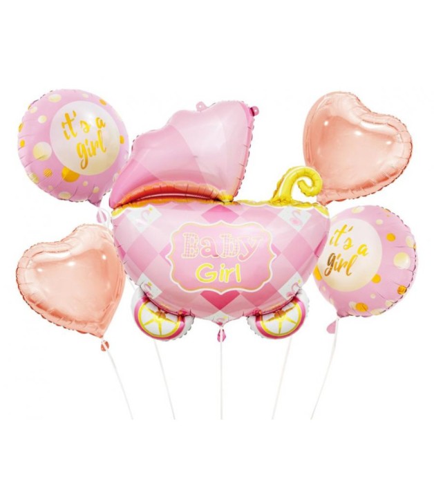 Set 5 baloane folie Baby Carriage pentru petrecerea baby shower, roz-auriu