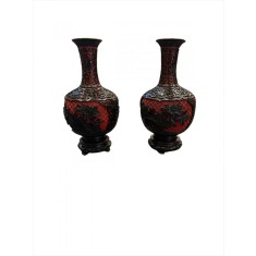 Pereche de vase chinezești, vintage, Cinnabar pe suport din lemn de mahon