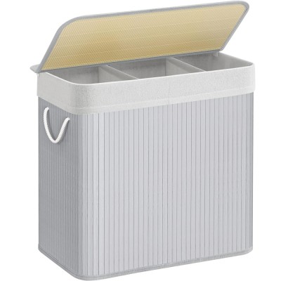 SONGMICS Cos de rufe din bambus, pliabil, cu captuseala detasabila lavabila, 3 compartimente, 150L, 60x40x62cm, gri foto