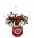 Aranjament de Craciun cu flori de bumbac in cutie rosie (Multicolor)