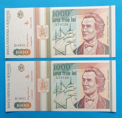 Bancnota Lot x 2 serie consecutiva 1000 Lei 1993 in stare f buna Seria D.0032 foto