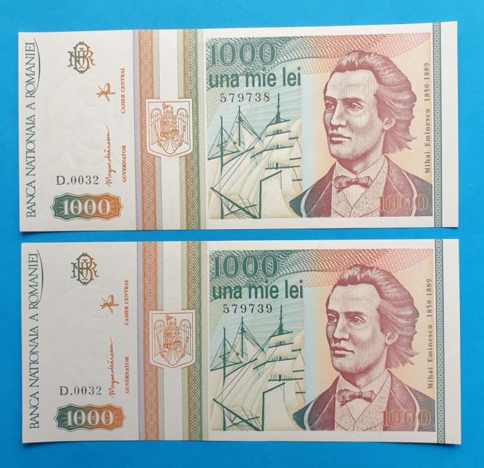 Bancnota Lot x 2 serie consecutiva 1000 Lei 1993 in stare f buna Seria D.0032