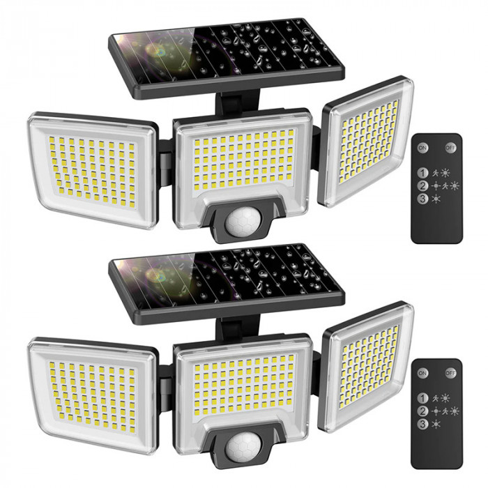 Set 2 Lampi solare de perete MustWin, 2500 lm, LED, 216 leduri, 3 moduri, senzor de miscare, telecomanda