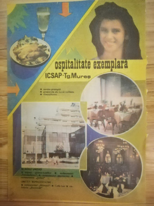 1989 Reclamă ICSAP TG MURES comunism restaurant TRANDAFIRILOR si MURESUL 24x15,5