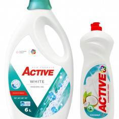 Detergent lichid pentru rufe albe Active, 6 litri, 120 spalari + Detergent de vase lichid Active, 1 litru, cocos