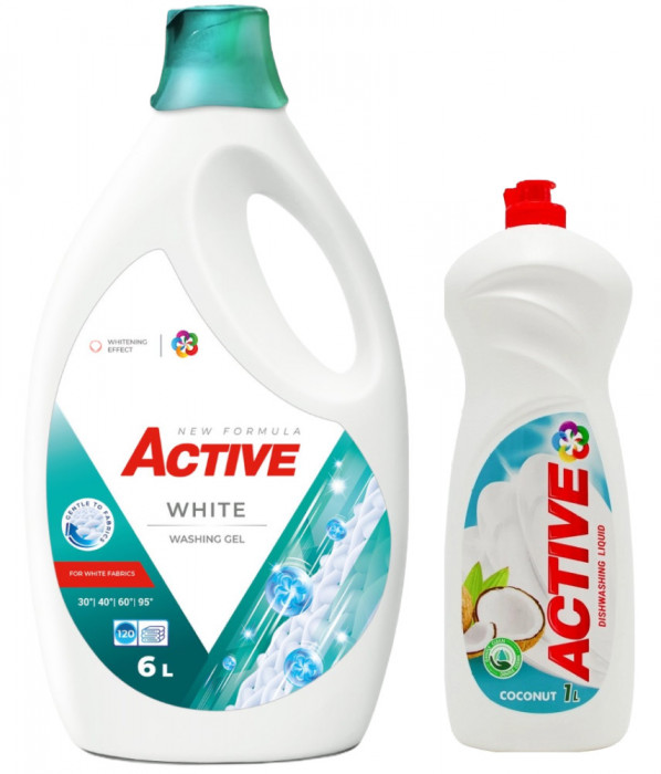 Detergent lichid pentru rufe albe Active, 6 litri, 120 spalari + Detergent de vase lichid Active, 1 litru, cocos