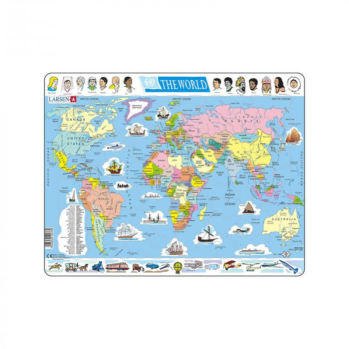 Puzzle maxi Harta politica a lumii, orientare tip vedere, 107 piese, Larsen EduKinder World