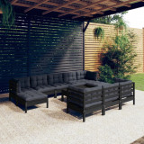 Set mobilier gradina cu perne, 11 piese, negru, lemn masiv pin GartenMobel Dekor, vidaXL