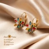 Cercei Flora Rainbow cu flori multicolore si cristale colorate, placati cu aur 18K, 1,5 cm Brazilia