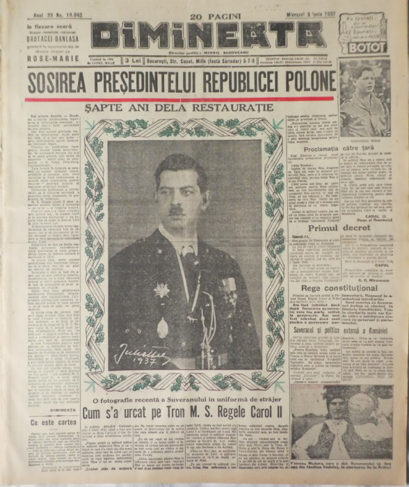 Ziarul Dimineata, 9 Iunie 1937; Director: M. Sadoveanu, 7 ani dela Restauratie