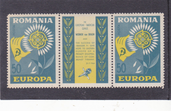 EXIL ROMANIA,PROPAGANDA COMUNISTA,EUROPA CEPT 1964 TRIPTIC CU VINIETA,MNH.
