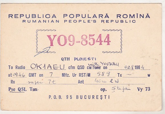bnk cp Romania - QSL - QTH Ploiesti 1964