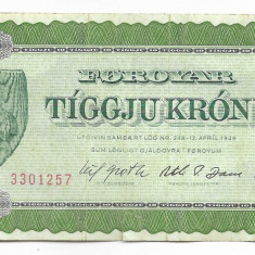 Bancnota 10 kronur 1949 - Feroe, cu mici rupturi