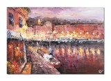 Tablou St. Tropez pictat manual, In port la asfintit, stilizat, 100x70cm ulei pe panza in cutit efect 3D, Valentin Pop