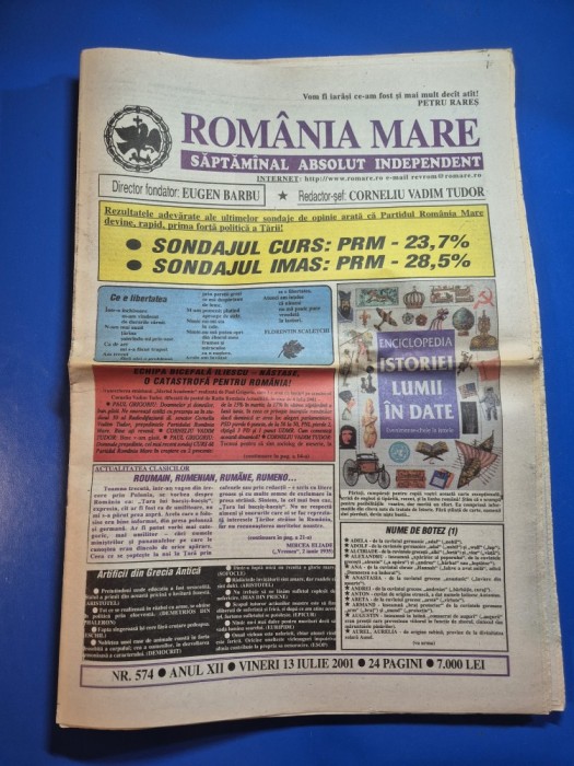 ziarul romania mare 13 iulie 2001 - redactor sef corneliu vadim tudor