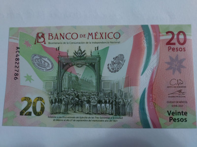 Mexic 20 Pesos Comemorativa 2021 Polimer Seria AC Semnatura 4 UNC foto