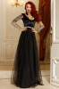 Rochie Lunga Eleganta FOGGI Neagra cu Tul, Catifea &amp; Broderie Flori. Decolteu V, Centura, Fermoar. Ocazie Speciala, Fabricata in Romania