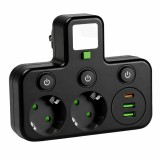 Cumpara ieftin Adaptor priza negru 14.5 x 12 x 3.5 cm, 2 prize 230V, 2 USB-A, 1 USB-C, lumina LED 5600K