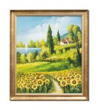 Cumpara ieftin Tablou peisaj cu floarea soarelui, casa si iola pictat manual inramat, 70x60cm ulei panza, rama din lemn