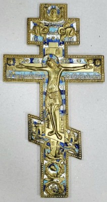 Iisus Rastignit, Crucifix din bronz aurit si email policrom, Rusia, cca. 1900 foto