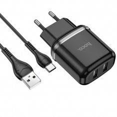 Incarcator retea Hoco N4, Dual USB, Fast Charge, 2.4A, 12W, Cablu USB-C inclus, Negru foto