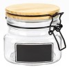 Borcan Sticlă 500ml cu Capac Lemn Siguranță și Etichetă Neagră - Depozitare Alimente, Condimente, Ceai - 10.5x10.5x9 cm