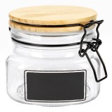 Borcan Sticlă Transparentă, 500ml, Capac Lemn cu Siguranță, Etichetă Neagră, Oem