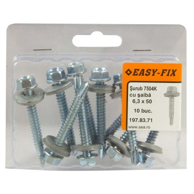 Surub autoforant pentru tabla, cu cap hexagonal + saiba EPDM, Easy-Fix, din otel, zincat alb, 6.3 x 50 mm, set 10 bucati foto
