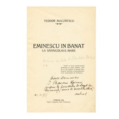 Teodor Bucurescu, Eminescu &amp;icirc;n Banat, 1928, cu dedicație foto