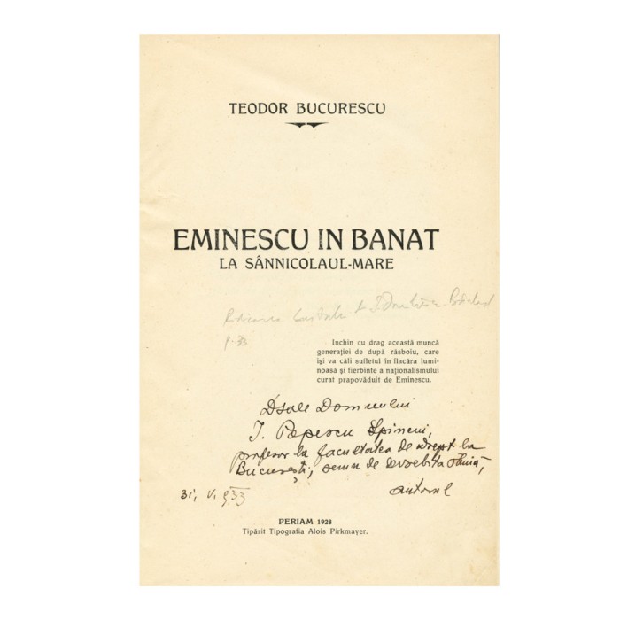 Teodor Bucurescu, Eminescu &icirc;n Banat, 1928, cu dedicație