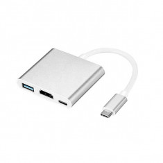 Adaptor Multiport Hub 3 in 1 USB Type-C la HDMI 4K @30Hz, USB, USB-C PD 45W, TechDelivery UBC20, Silver foto