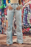 Blugi Evazati Dama Talie Inalta Denim Deschis cu Capse Glezne Marimi 38 40