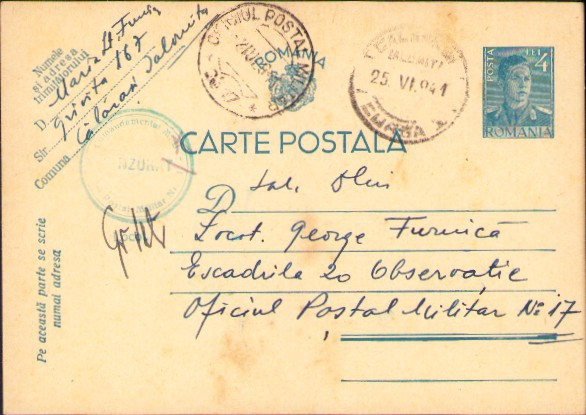 HST Carte poștală cu ștampilă OPM 17 OPM 1 (corectat &icirc;n 17) 1941