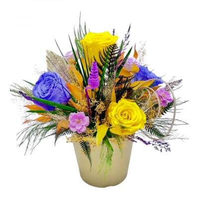Aranjament floral personalizabil cu trandafiri si plante naturale criogenate si stabilizate foto