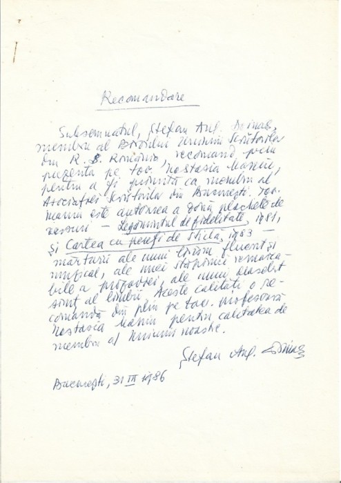 A3392N Act scris și semnat olograf de Ștefan Augustin Doinaș, 1986