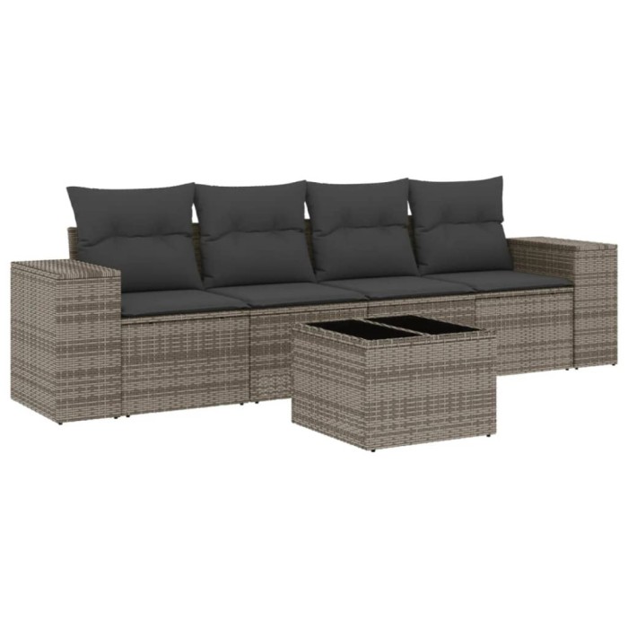 Set canapea de gradina cu perne, 5 piese, gri, poliratan