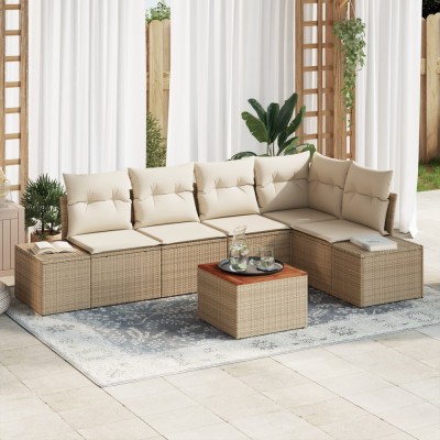 vidaXL Set de sofa pentru grădină 6 pcs Bej și Alb Răchită, țesătură foto