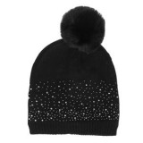 Caciula tricotata neagra cu strass si pompon pentru femei, CMCLASS