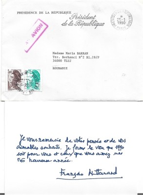 A3407N Fran&amp;ccedil;ois Mitterand către Maria Barzan din Cluj-Napoca, 1990, mesaj și semnătură olografe facsimilate plic cu antet Pr&amp;eacute;sident de la R&amp;eacute;publique foto