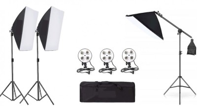 Kit de 3 softboxuri cu macara, soclu de 4 becuri, 3 trepiezi reglabili 200 cm, fara becuri, geanta de transport inclusa foto