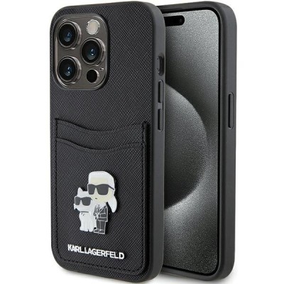 Husa pentru Apple iPhone 15 Pro, Karl Lagerfeld, Saffiano Card Slot Metal Karl and Choupette, Neagra KLHCP15LSAPKCNPK foto