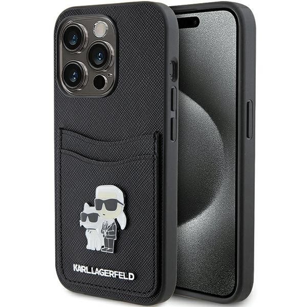 Husa pentru Apple iPhone 15 Pro, Karl Lagerfeld, Saffiano Card Slot Metal Karl and Choupette, Neagra KLHCP15LSAPKCNPK
