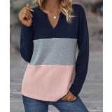 Tricou tunica pentru femei cu guler &icirc;n V, tricotat &icirc;n model waffle, cu m&acirc;neci lungi &ndash; Roz S