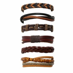 Set bratari cu multiple straturi MBrands pentru barbati, din piele naturala Maro/Negru