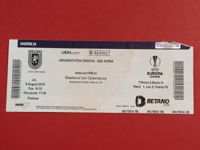 Bilet meci fotbal UNIVERSITATEA CRAIOVA - AEK ATENA (08.08.2019) foto