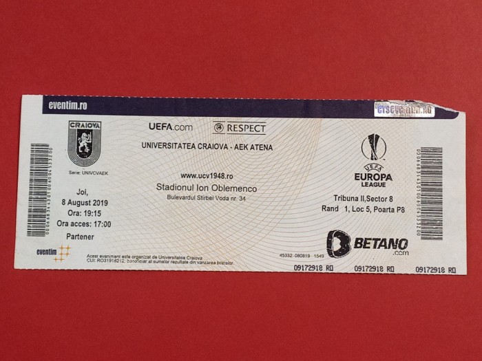 Bilet meci fotbal UNIVERSITATEA CRAIOVA - AEK ATENA (08.08.2019)
