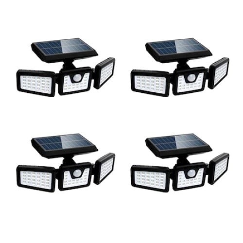 Set 4 lampi solare triple FOXMAG24, pentru exterior, cu senzor de miscare, rezistente la apa, 74 LED-uri, 2400 mAh, negru