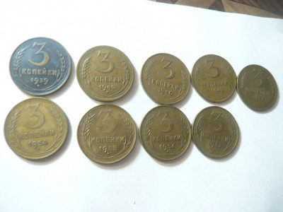 9 Monede 3 Kopeici URSS 1939 - 1957 m alama , cal. f.buna foto