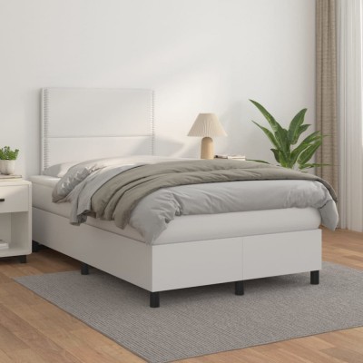 vidaXL Pat box spring cu saltea, alb, 120x200 cm, piele ecologică 3142774 foto